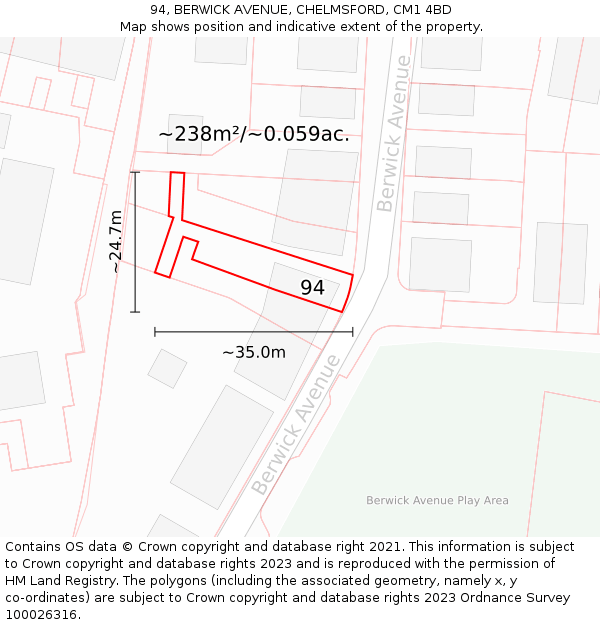 94, BERWICK AVENUE, CHELMSFORD, CM1 4BD: Plot and title map
