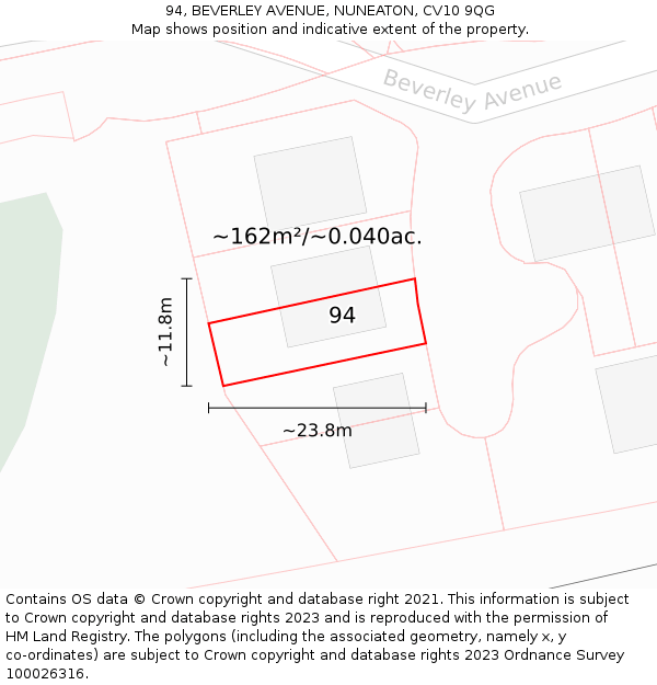 94, BEVERLEY AVENUE, NUNEATON, CV10 9QG: Plot and title map