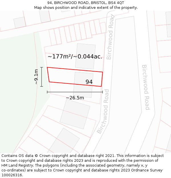 94, BIRCHWOOD ROAD, BRISTOL, BS4 4QT: Plot and title map