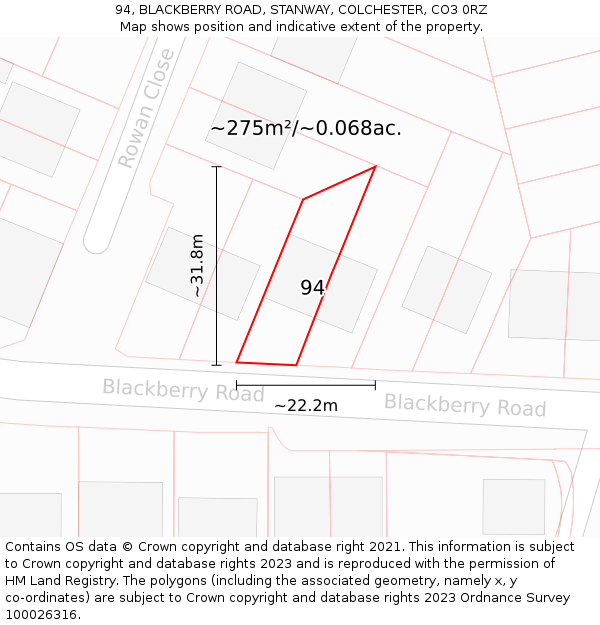 94, BLACKBERRY ROAD, STANWAY, COLCHESTER, CO3 0RZ: Plot and title map