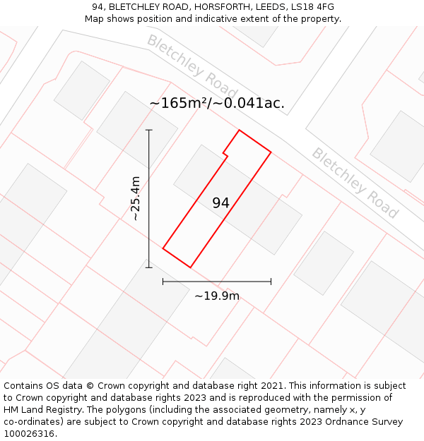 94, BLETCHLEY ROAD, HORSFORTH, LEEDS, LS18 4FG: Plot and title map