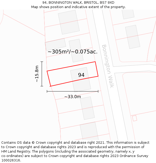 94, BONNINGTON WALK, BRISTOL, BS7 9XD: Plot and title map