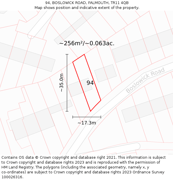 94, BOSLOWICK ROAD, FALMOUTH, TR11 4QB: Plot and title map