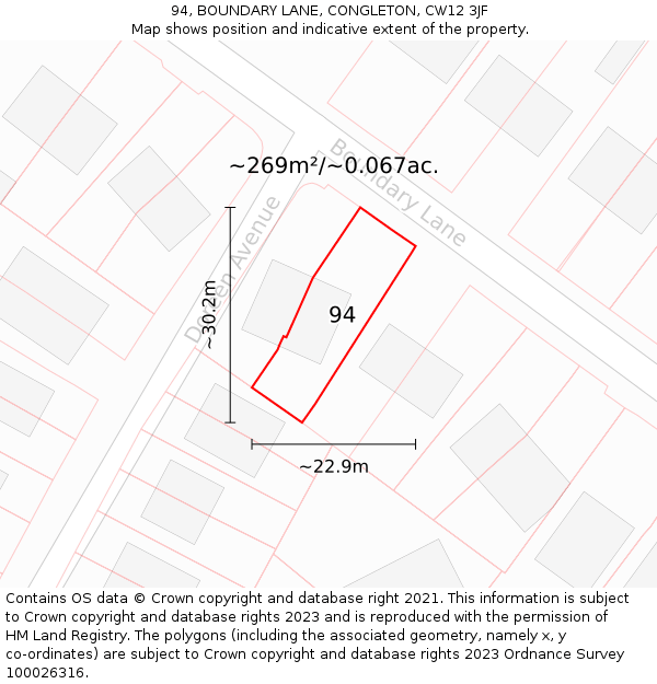 94, BOUNDARY LANE, CONGLETON, CW12 3JF: Plot and title map