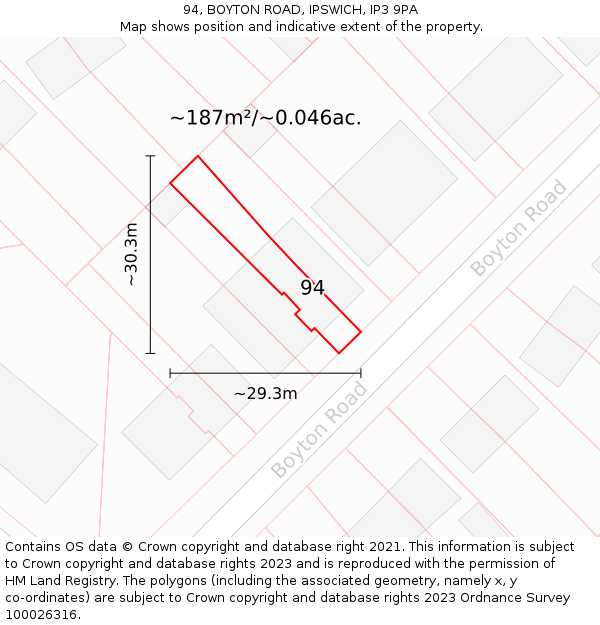 94, BOYTON ROAD, IPSWICH, IP3 9PA: Plot and title map