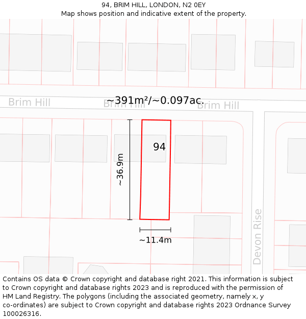 94, BRIM HILL, LONDON, N2 0EY: Plot and title map
