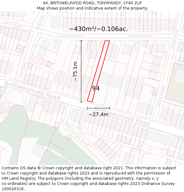 94, BRITHWEUNYDD ROAD, TONYPANDY, CF40 2UF: Plot and title map