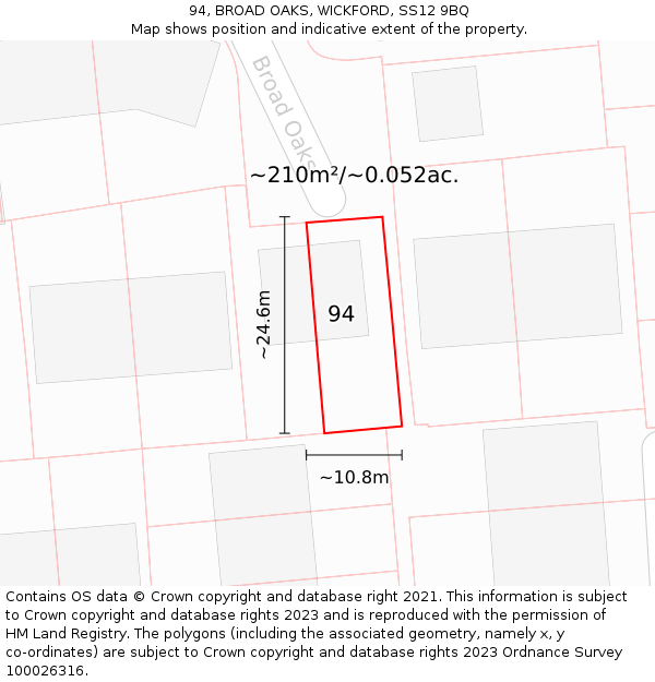 94, BROAD OAKS, WICKFORD, SS12 9BQ: Plot and title map
