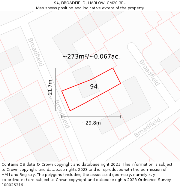 94, BROADFIELD, HARLOW, CM20 3PU: Plot and title map