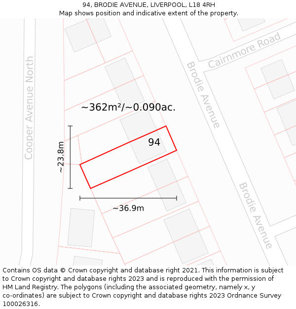 94, BRODIE AVENUE, LIVERPOOL, L18 4RH: Plot and title map