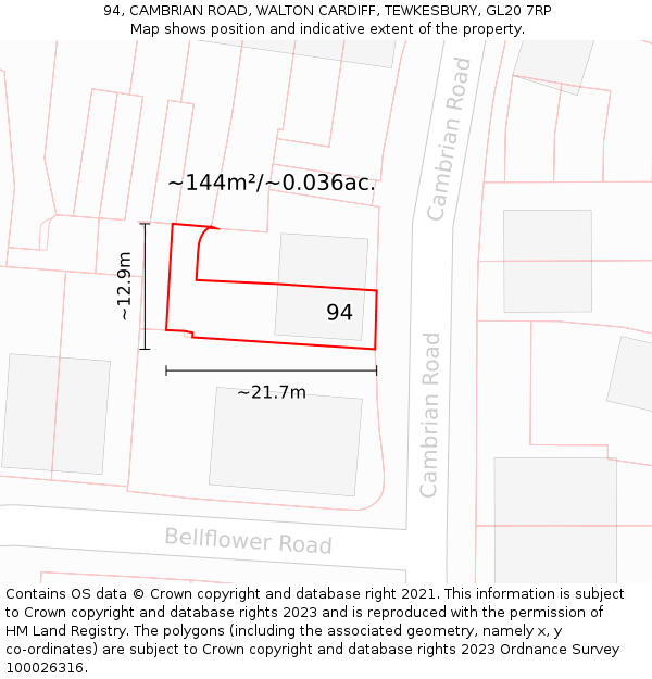 94, CAMBRIAN ROAD, WALTON CARDIFF, TEWKESBURY, GL20 7RP: Plot and title map
