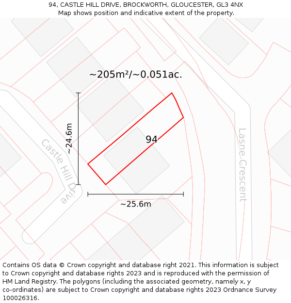 94, CASTLE HILL DRIVE, BROCKWORTH, GLOUCESTER, GL3 4NX: Plot and title map