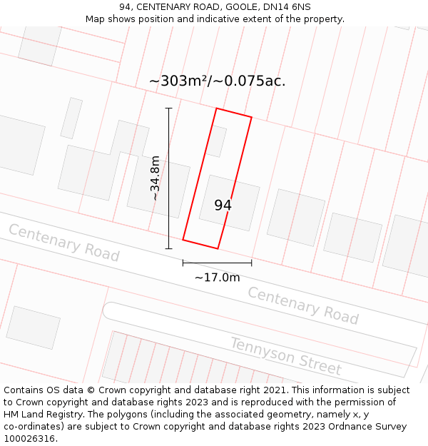 94, CENTENARY ROAD, GOOLE, DN14 6NS: Plot and title map