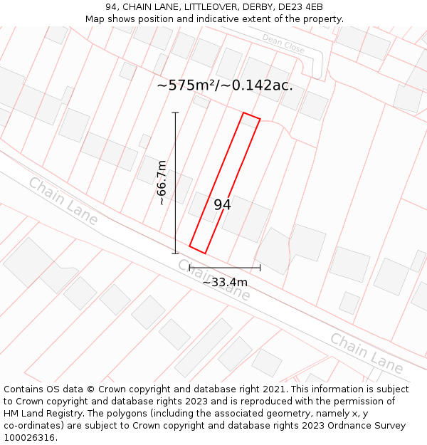 94, CHAIN LANE, LITTLEOVER, DERBY, DE23 4EB: Plot and title map