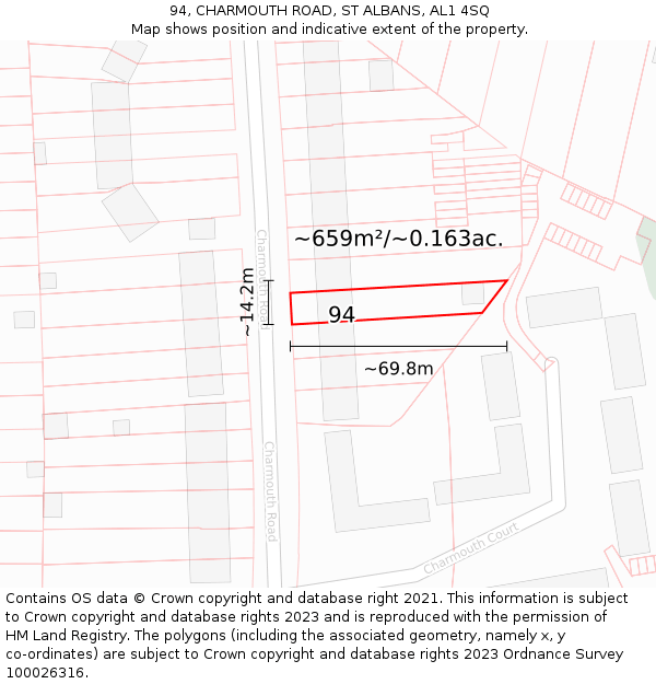 94, CHARMOUTH ROAD, ST ALBANS, AL1 4SQ: Plot and title map