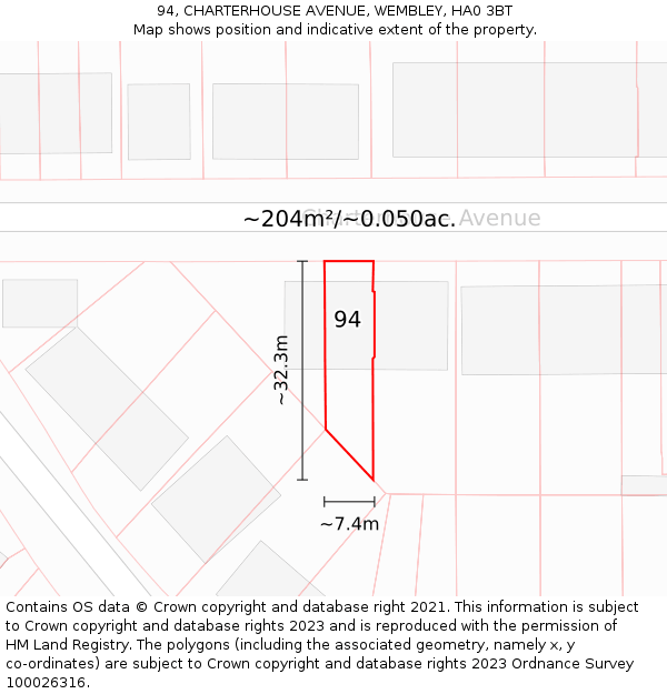 94, CHARTERHOUSE AVENUE, WEMBLEY, HA0 3BT: Plot and title map