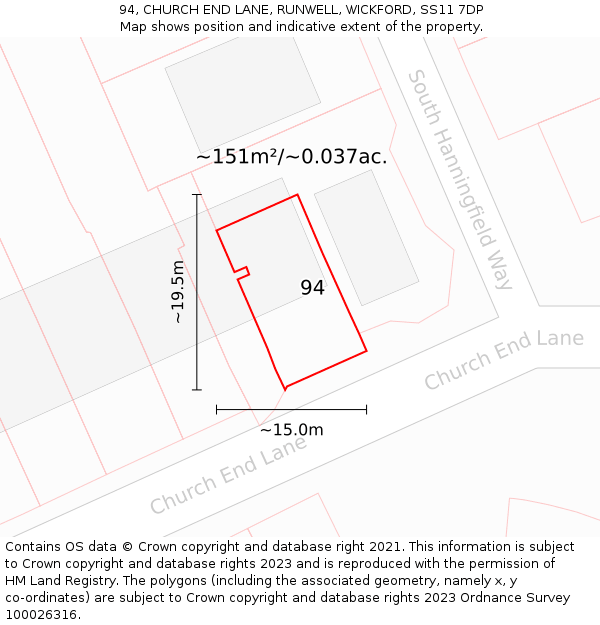 94, CHURCH END LANE, RUNWELL, WICKFORD, SS11 7DP: Plot and title map