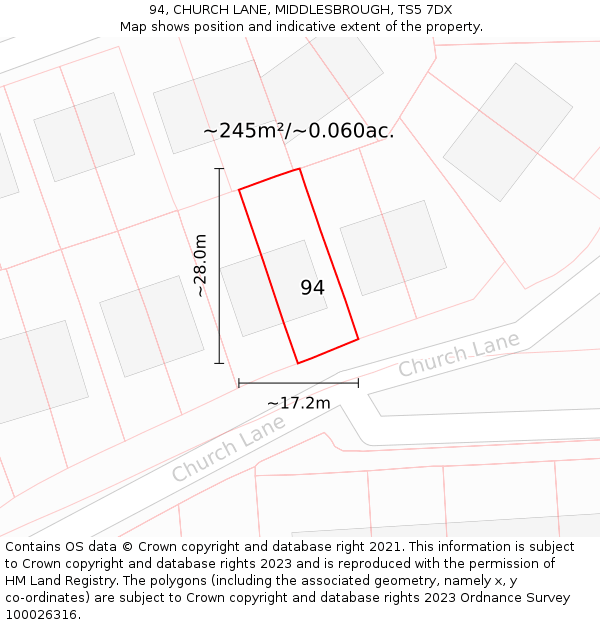 94, CHURCH LANE, MIDDLESBROUGH, TS5 7DX: Plot and title map