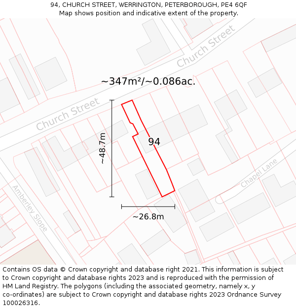 94, CHURCH STREET, WERRINGTON, PETERBOROUGH, PE4 6QF: Plot and title map