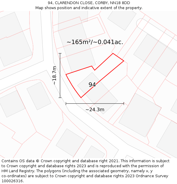 94, CLARENDON CLOSE, CORBY, NN18 8DD: Plot and title map