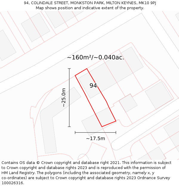 94, COLINDALE STREET, MONKSTON PARK, MILTON KEYNES, MK10 9PJ: Plot and title map