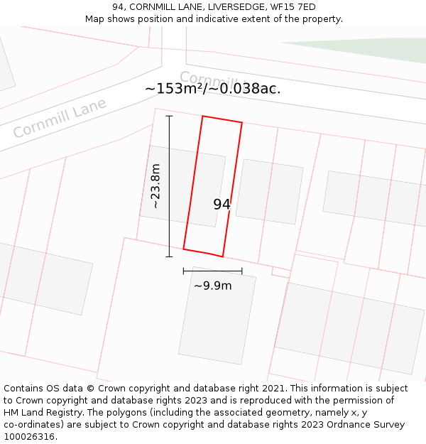 94, CORNMILL LANE, LIVERSEDGE, WF15 7ED: Plot and title map