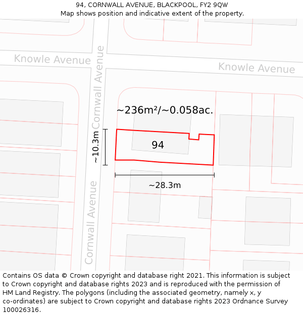 94, CORNWALL AVENUE, BLACKPOOL, FY2 9QW: Plot and title map