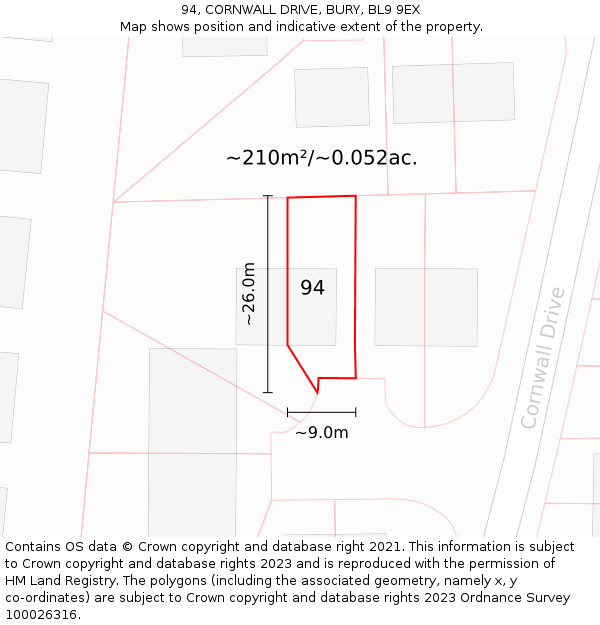 94, CORNWALL DRIVE, BURY, BL9 9EX: Plot and title map