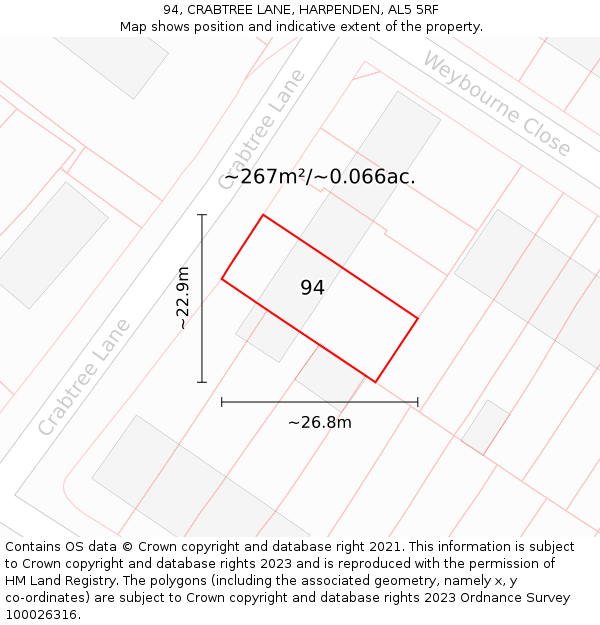 94, CRABTREE LANE, HARPENDEN, AL5 5RF: Plot and title map