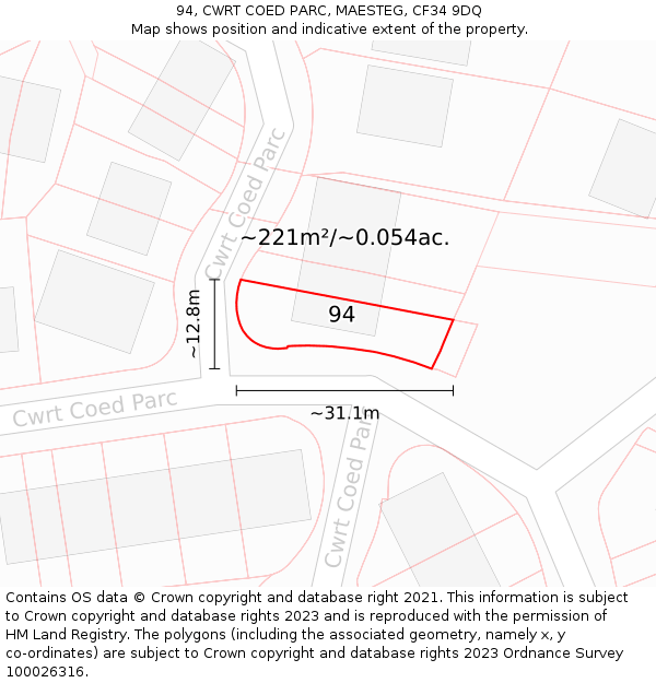 94, CWRT COED PARC, MAESTEG, CF34 9DQ: Plot and title map