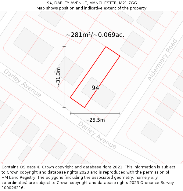 94, DARLEY AVENUE, MANCHESTER, M21 7GG: Plot and title map
