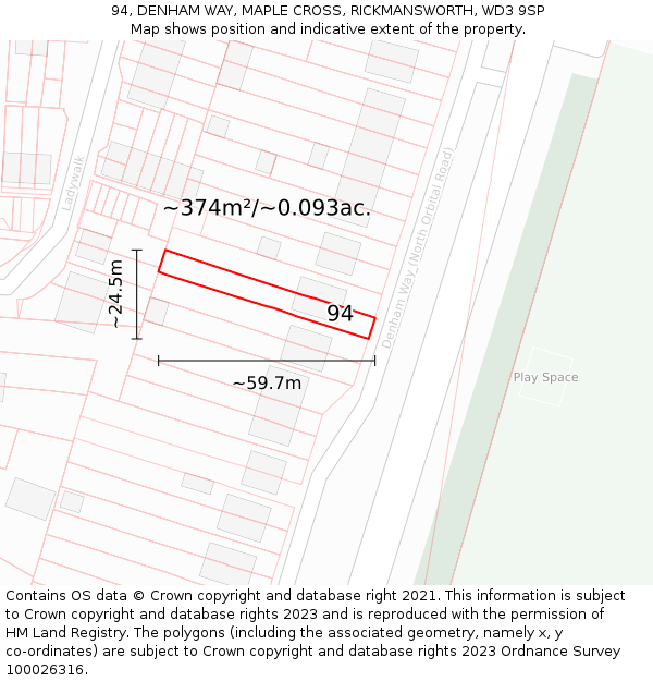 94, DENHAM WAY, MAPLE CROSS, RICKMANSWORTH, WD3 9SP: Plot and title map