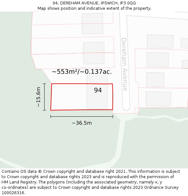94, DEREHAM AVENUE, IPSWICH, IP3 0QG: Plot and title map