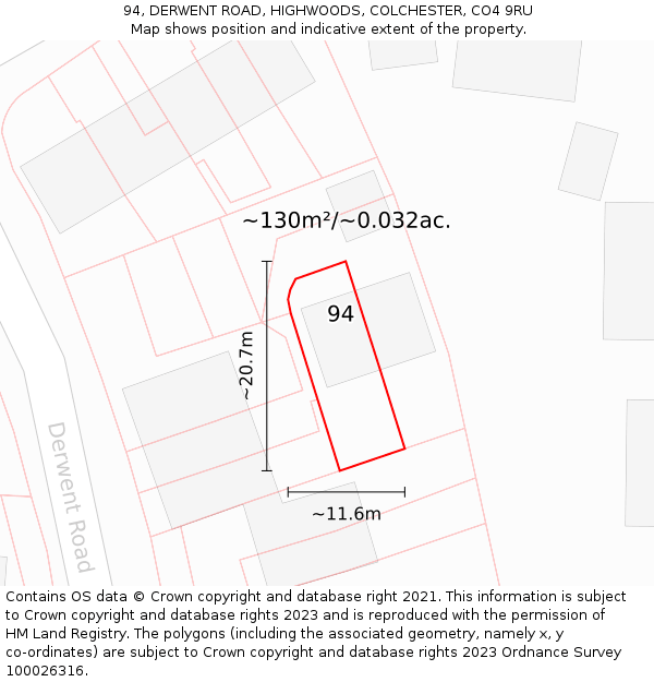 94, DERWENT ROAD, HIGHWOODS, COLCHESTER, CO4 9RU: Plot and title map