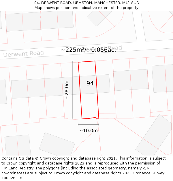 94, DERWENT ROAD, URMSTON, MANCHESTER, M41 8UD: Plot and title map