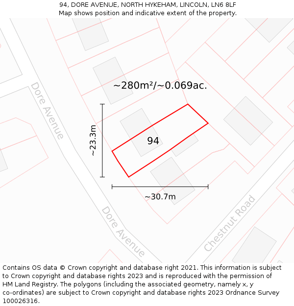 94, DORE AVENUE, NORTH HYKEHAM, LINCOLN, LN6 8LF: Plot and title map