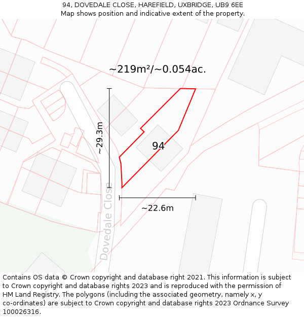 94, DOVEDALE CLOSE, HAREFIELD, UXBRIDGE, UB9 6EE: Plot and title map