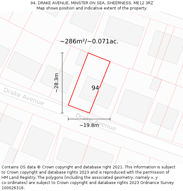 94, DRAKE AVENUE, MINSTER ON SEA, SHEERNESS, ME12 3RZ: Plot and title map