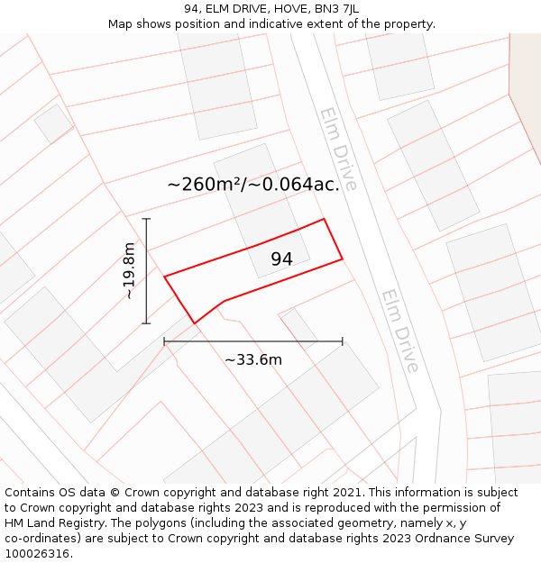 94, ELM DRIVE, HOVE, BN3 7JL: Plot and title map