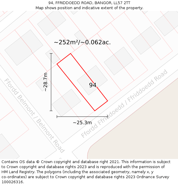 94, FFRIDDOEDD ROAD, BANGOR, LL57 2TT: Plot and title map