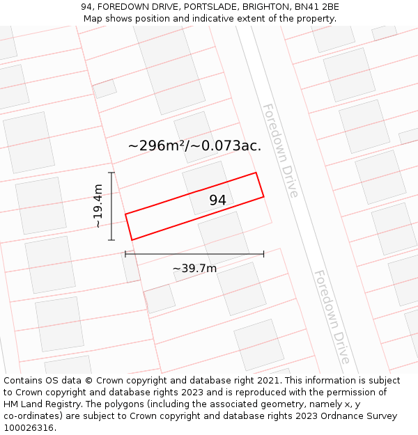 94, FOREDOWN DRIVE, PORTSLADE, BRIGHTON, BN41 2BE: Plot and title map