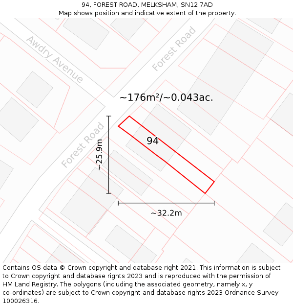 94, FOREST ROAD, MELKSHAM, SN12 7AD: Plot and title map