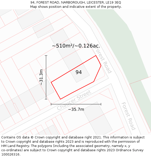 94, FOREST ROAD, NARBOROUGH, LEICESTER, LE19 3EQ: Plot and title map