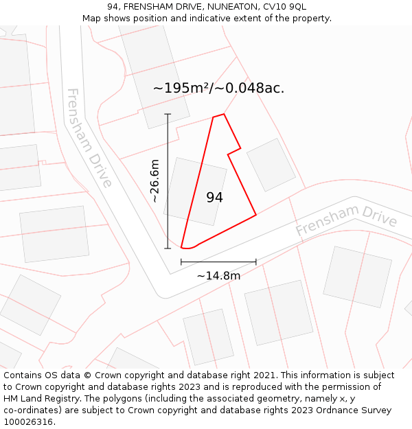 94, FRENSHAM DRIVE, NUNEATON, CV10 9QL: Plot and title map