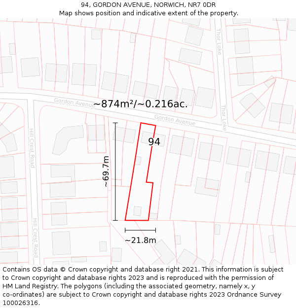 94, GORDON AVENUE, NORWICH, NR7 0DR: Plot and title map