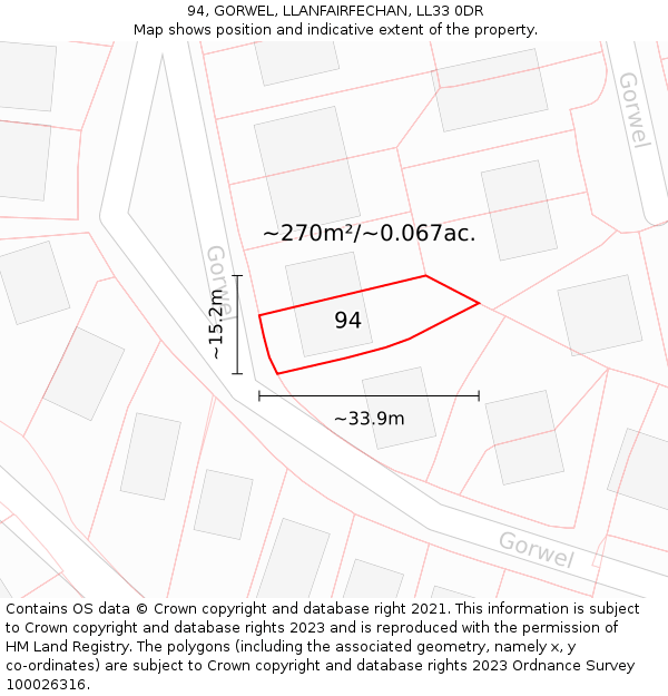 94, GORWEL, LLANFAIRFECHAN, LL33 0DR: Plot and title map