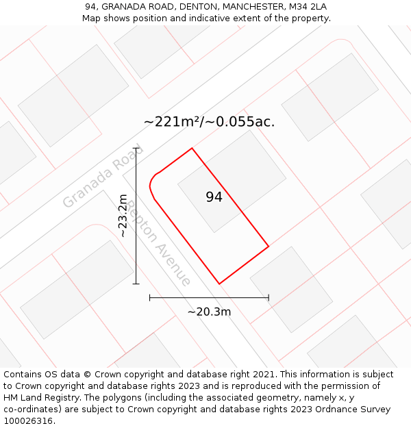 94, GRANADA ROAD, DENTON, MANCHESTER, M34 2LA: Plot and title map