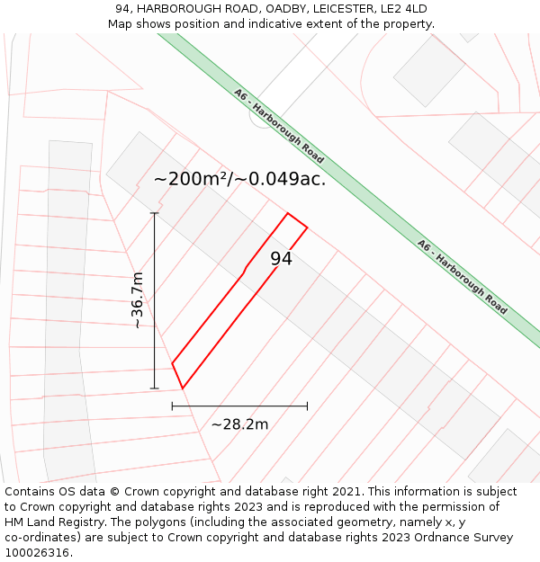 94, HARBOROUGH ROAD, OADBY, LEICESTER, LE2 4LD: Plot and title map