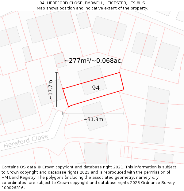 94, HEREFORD CLOSE, BARWELL, LEICESTER, LE9 8HS: Plot and title map