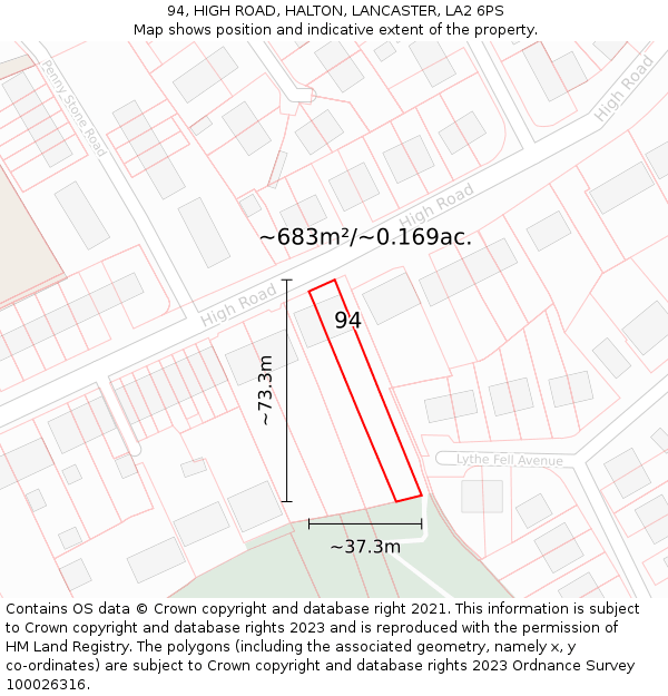 94, HIGH ROAD, HALTON, LANCASTER, LA2 6PS: Plot and title map